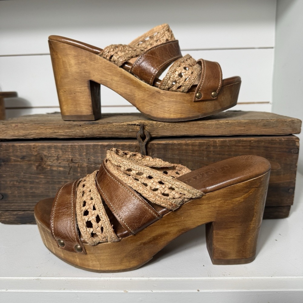 Bed Stu Shantel Tan Leather Platform Chunky Heal Clog Sandals Size 10 Bohemian